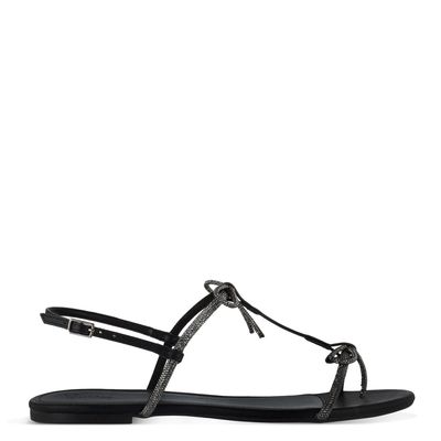 Sandália Flat Laços com Strass Preto