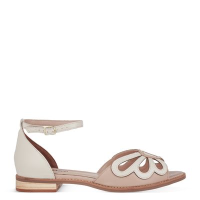 Sandália Salto Baixo Flor Pespontada Bicolor Off-White
