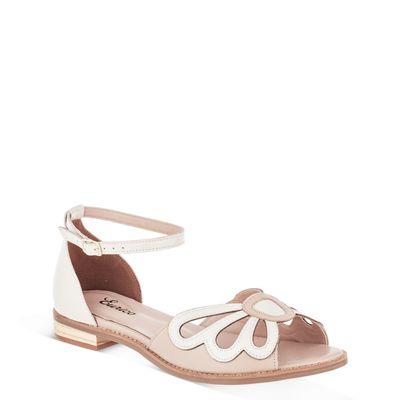 Sandália Salto Baixo Flor Pespontada Bicolor Off-White