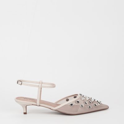 Scarpin Tela com Spikes Sem Ponta Off-White