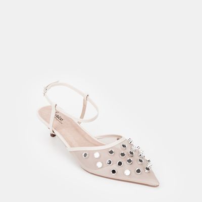 Scarpin Tela com Spikes Sem Ponta Off-White
