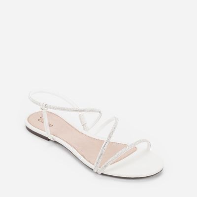 Sandália Rasteira com Tira de Strass Off-White