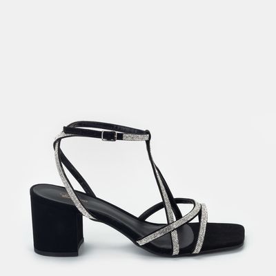 Sandalia Salto Médio C/ Strass Preto