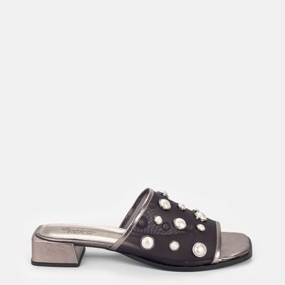 Tamanco Tela com Enfeite Bicolor Ônix