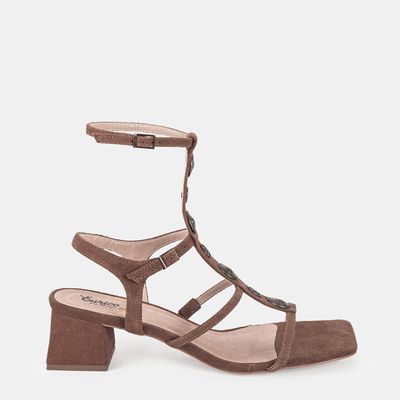 Sandália Salto Médio c/ Enfeites Marrom Claro