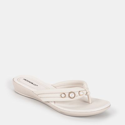 Chinelo Rasteiro Tira Almofadada c/ Enfeite Off White