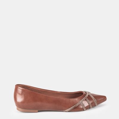 Sapatilha Bico Fino C/ Strass Marrom Claro