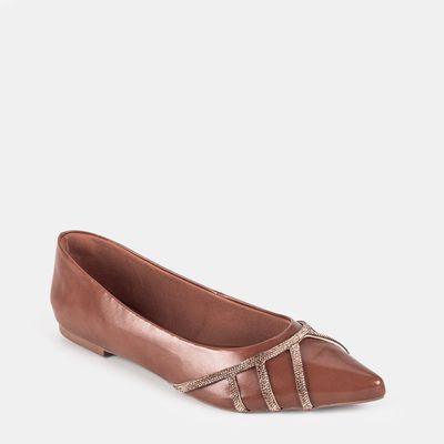 Sapatilha Bico Fino C/ Strass Marrom Claro