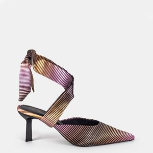 Mule Rita Carreira Com Fita Removível Cetim Listrado