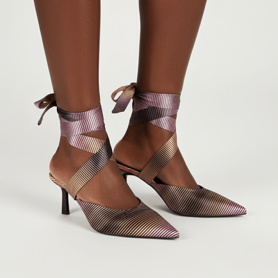 Mule Rita Carreira Com Fita Removível Cetim Listrado