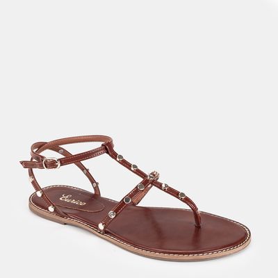 Rasteira De Dedo C/ Tachas Marrom Claro