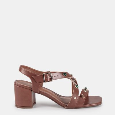 Sandália Tira Larga C/ Enfeites Marrom Claro