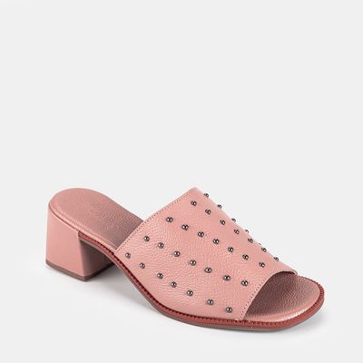 Tamanco De Couro C/ Tachas Rosa Claro