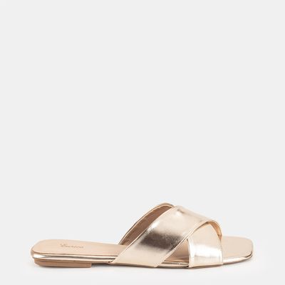 Chinelo Rasteiro Tira Larga Cruzada Ouro Light