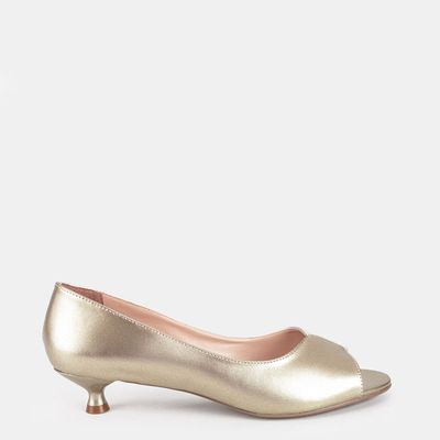 Peep Toe Salto Baixo Bicolor Ouro