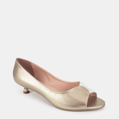 Peep Toe Salto Baixo Bicolor Ouro