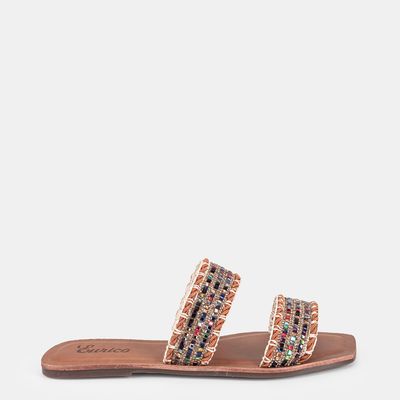 Rasteira Trançada com Pedras Multicor Chocolate