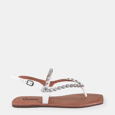 Rasteira De Dedo em Couro Tira C/ Pedrarias Branco