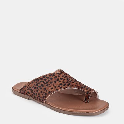 Rasteira De Dedo Couro Estampa Animal Multicor Marrom