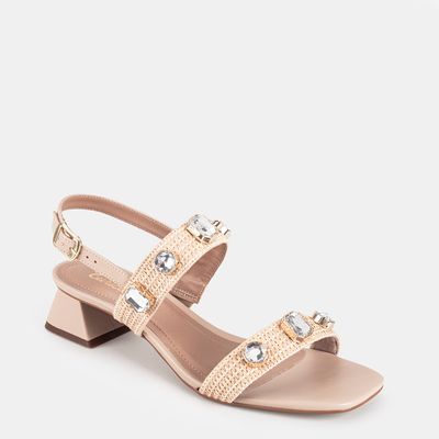 Sandália Tiras Em Palha C/ Pedrarias Bege