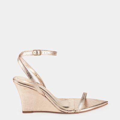 Sandália Anabela Salto Alto Bico Fino Champagne