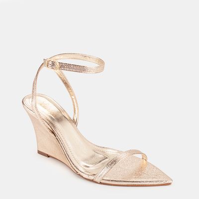 Sandália Anabela Salto Alto Bico Fino Champagne