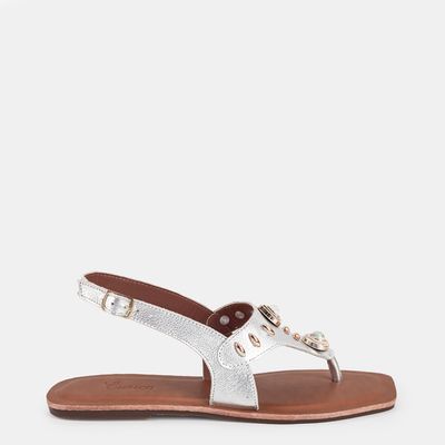 Rasteira De Dedo em Couro C/ Enfeites Prata