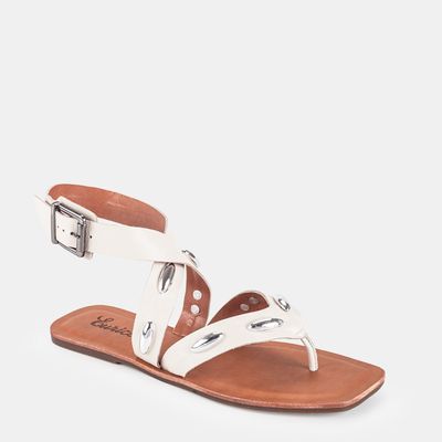 Rasteira De Dedo em Couro C/ Enfeites Off White