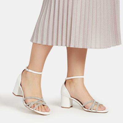 Sandália salto bloco com strass Branco