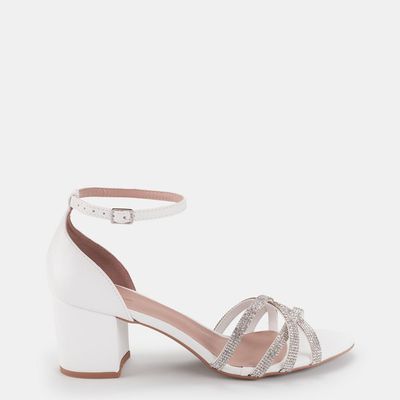 Sandália salto bloco com strass Branco