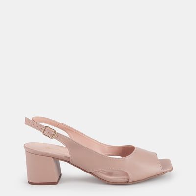 Sandália Salto Bloco Frente Quadrada Bege