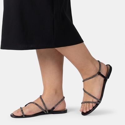 Rasteira de Tiras Finas com Strass Preta