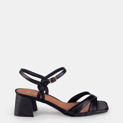 Sandália Salto Médio em Couro Tira Cruzada Preto
