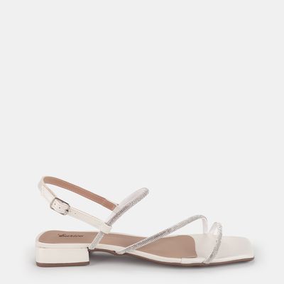 Sandália Salto Baixo com Tiras de Strass Creme