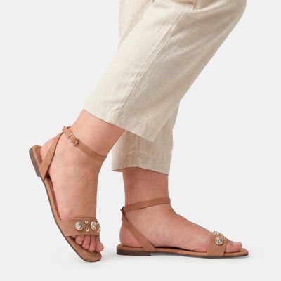 Rasteira Aveludada com Enfeites Bege