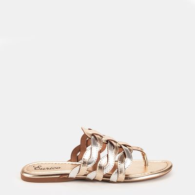 Chinelo Rasteiro Tiras Trançadas Bicolor Ouro