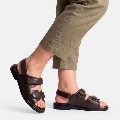 Sandália Masculina Couro C/ Velcro Marrom