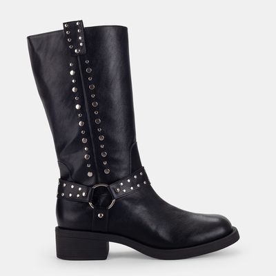 Bota Biker com Tachas Bico Redondo Preta
