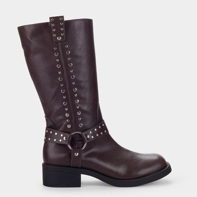 Bota Biker com Tachas Bico Redondo Café